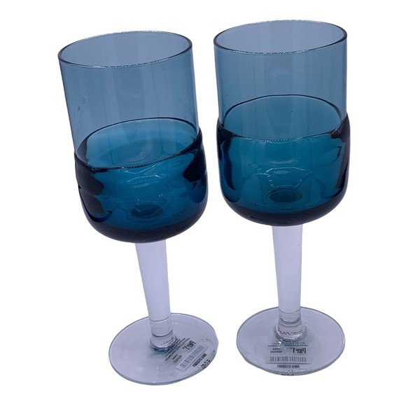 Lot of 2 PIER 1 Blue Glass Goblet Mouth Blown Double Dipped Clear Stem 9" Tall